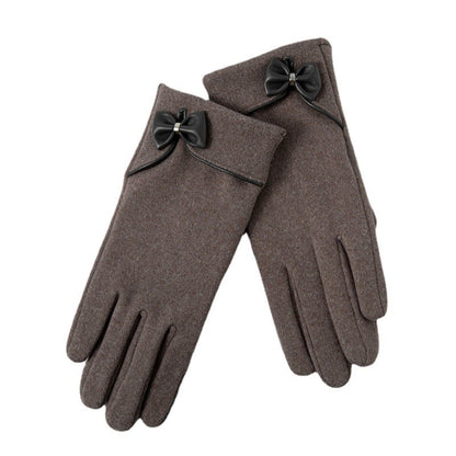 Fleece-lined De Suede Bow Gloves Touch Screen Warm Outdoor All-matching apparels & accessories