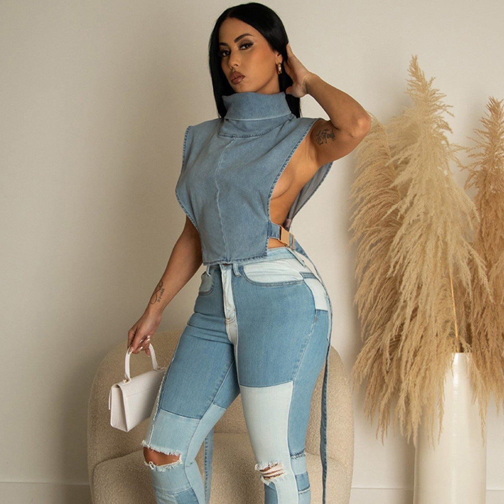 Lace-up Turtleneck Wash Sleeveless Denim Short Vest apparel & accessories