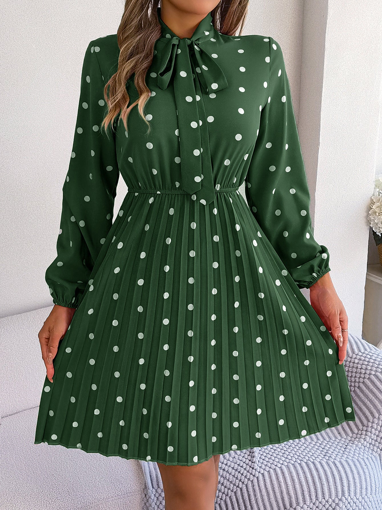 Women's Polka-dot Self-tie Waist-controlled Long Sleeves Pleated Skirt apparels & accessories