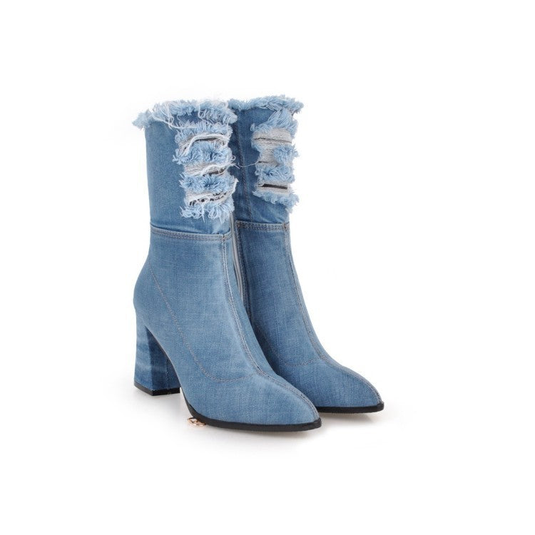 Denim short boots with thick heels apparel & accessories