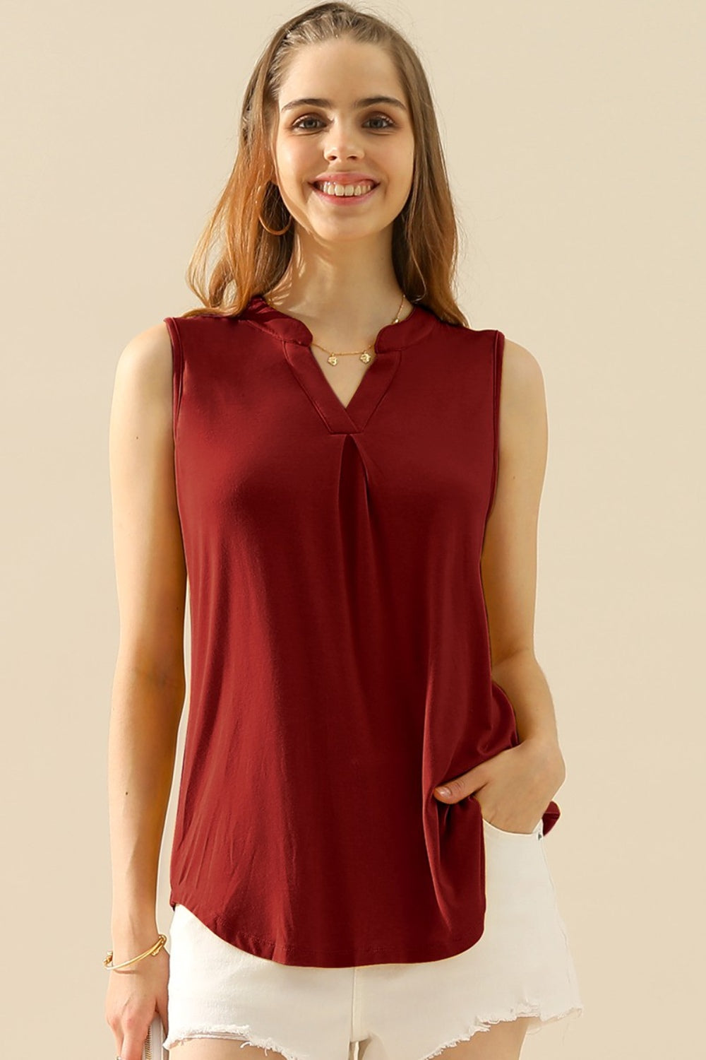 Ninexis Full Size Notched Sleeveless Top Dresses & Tops