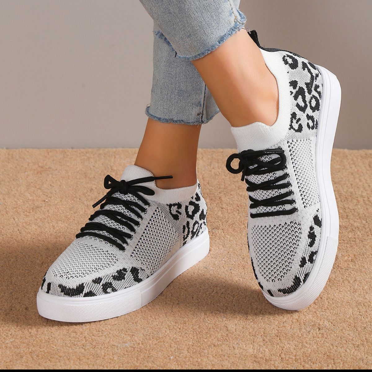 Lace-Up Leopard Flat Sneakers Shoes & Bags