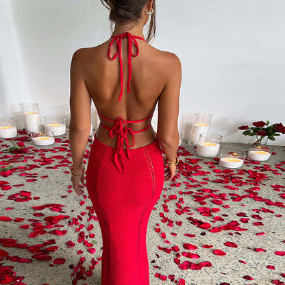 Sexy Backless Halter Long Dress V-neck Hollow Splicing Package Hip Skirt apparel & accessories