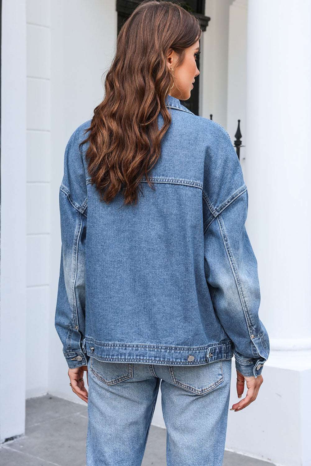 Button Up Dropped Shoulder Denim Jacket with Pockets Dresses & Tops