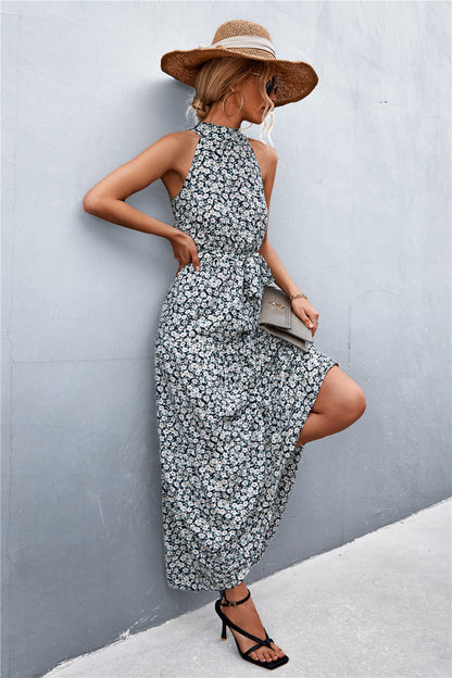 Printed Sleeveless Tie Waist Maxi Dress apparel & accessories