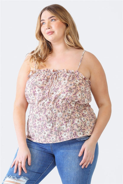 Zenobia Plus Size Frill Floral Square Neck Cami Dresses & Tops