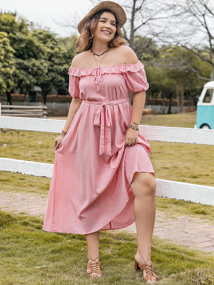 Plus Size Plaid Off-Shoulder Short Sleeve Midi Dress Dresses & Tops