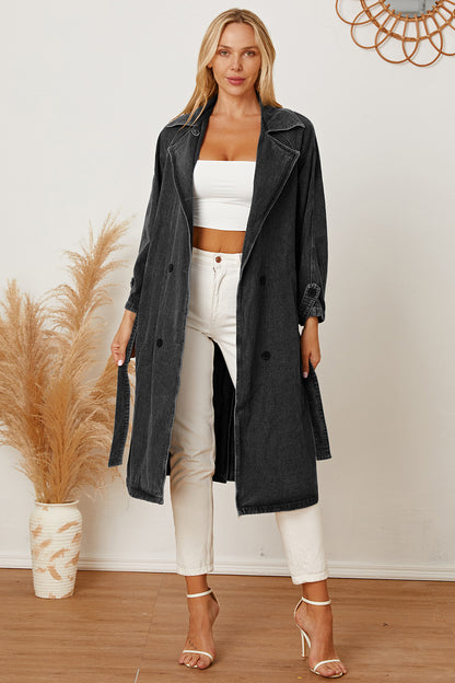 Double-Breasted Belted Longline Denim Jacket Dresses & Tops