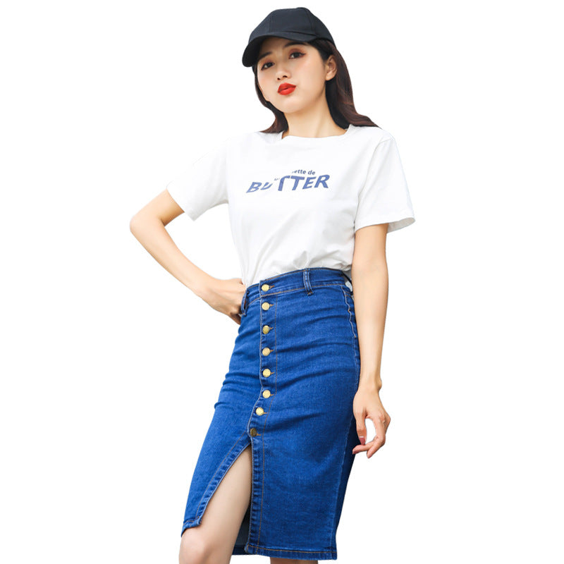 Single-breasted stretch denim skirt apparels & accessories