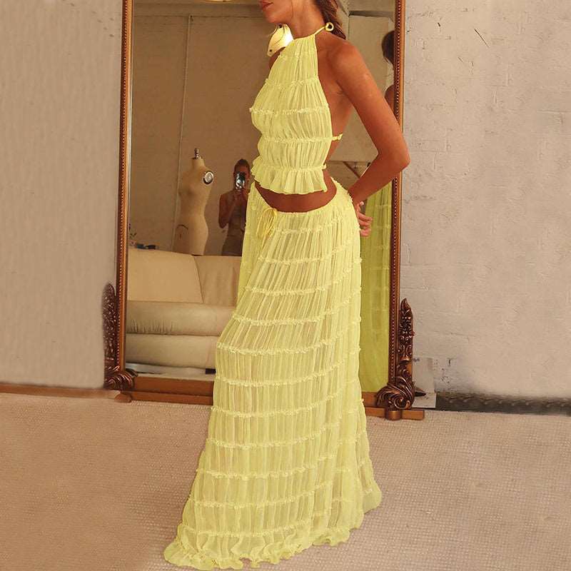 2pcs Women's Dress Suit Sexy Sleeveless Backless Cropped Halter Top And Pleated Long Dress apparel & accessories