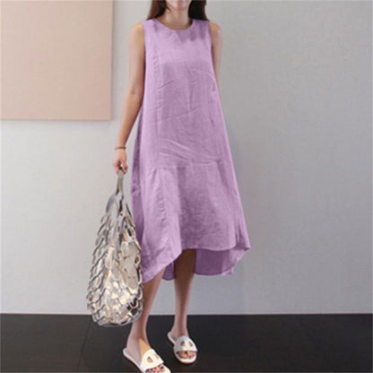 Round Neck Dress Sleeveless Plus Size Loose Solid Color Long Large Hem Vest Cotton Linen Dress apparel & accessories