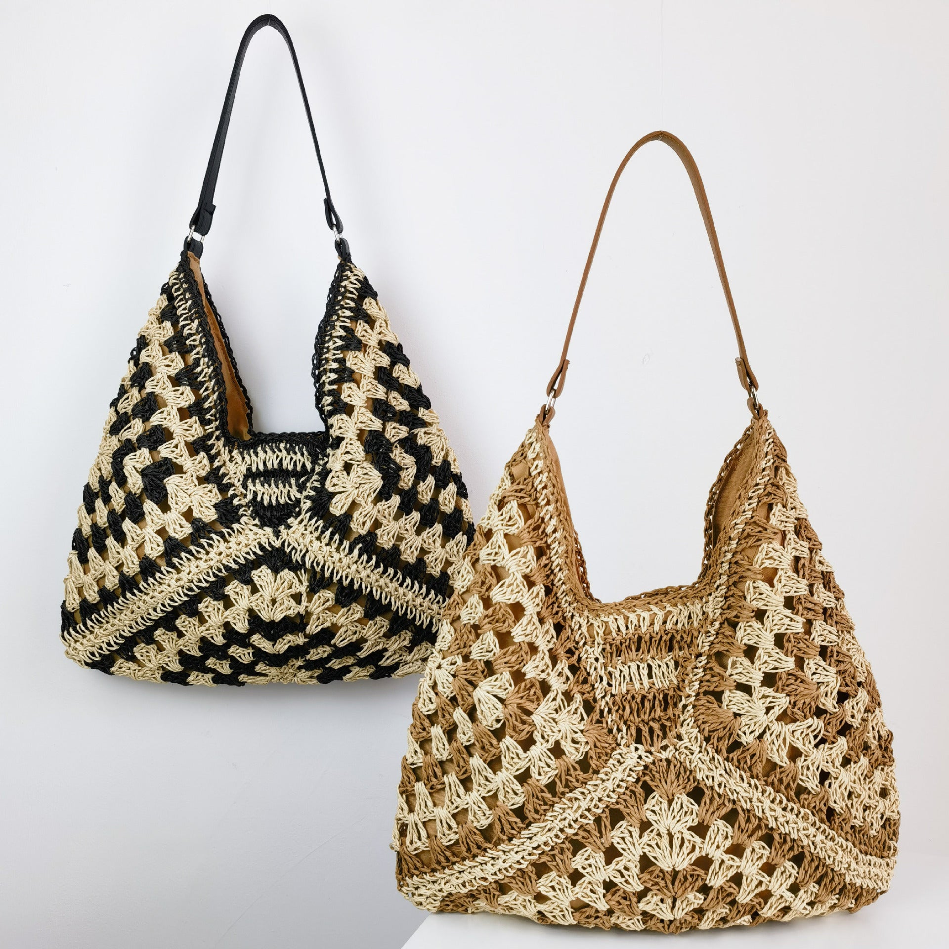 Women's Fashion Handmade Straw Woven Hollow Contrast Color Weave Shoulder Bag Accessories for women