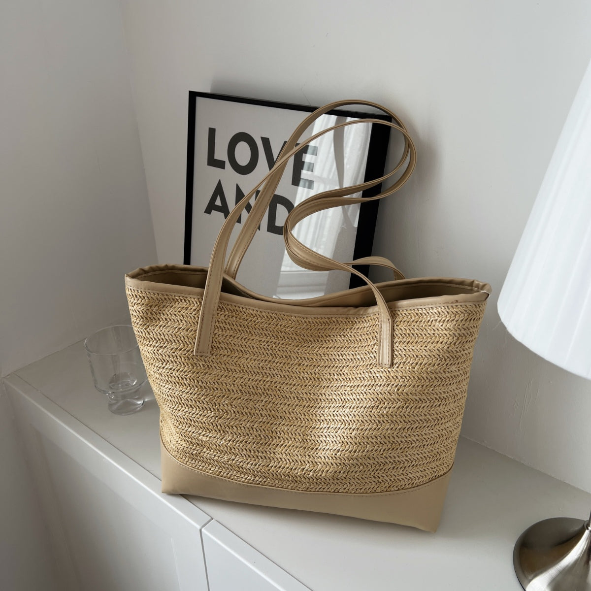 Straw Weave Leather Strap Tote Bag apparel & accessories