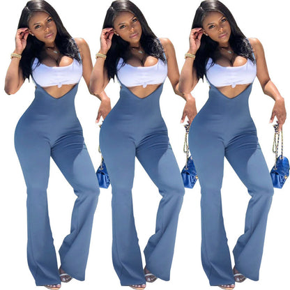 Pure color suspender zipper jumpsuit apparel & accessories