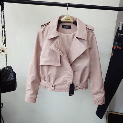 Slim lapel short PU female leather jacket apparels & accessories