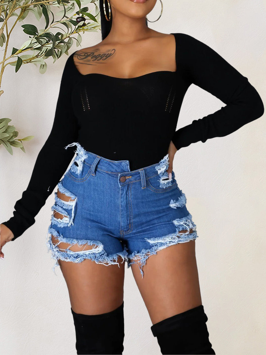 Distressed Raw Hem Denim Shorts with Pockets Bottom wear