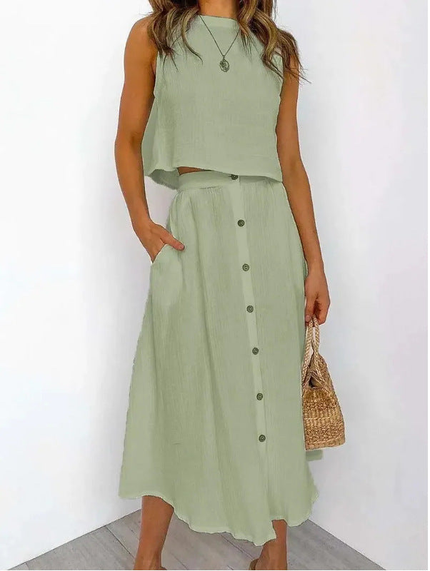 Simple Round Neck Vest Shirt Mid-length Dress Two-piece Suit apparels & accessories