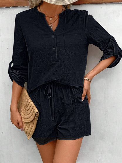 Notched Long Sleeve Top and Shorts Set apparel & accessories