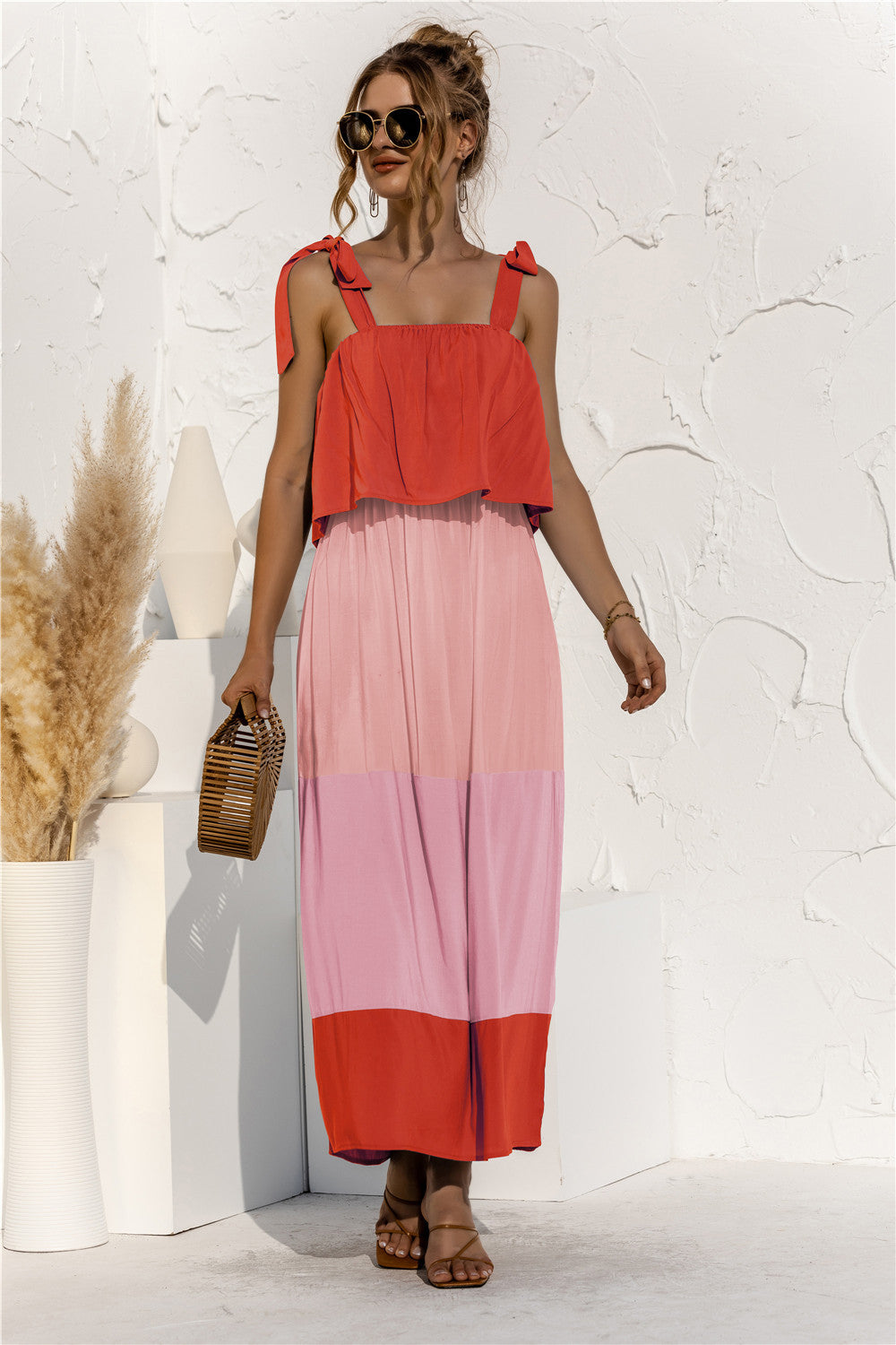 Color Block Tie Shoulder Tiered Sleeveless Dress apparel & accessories