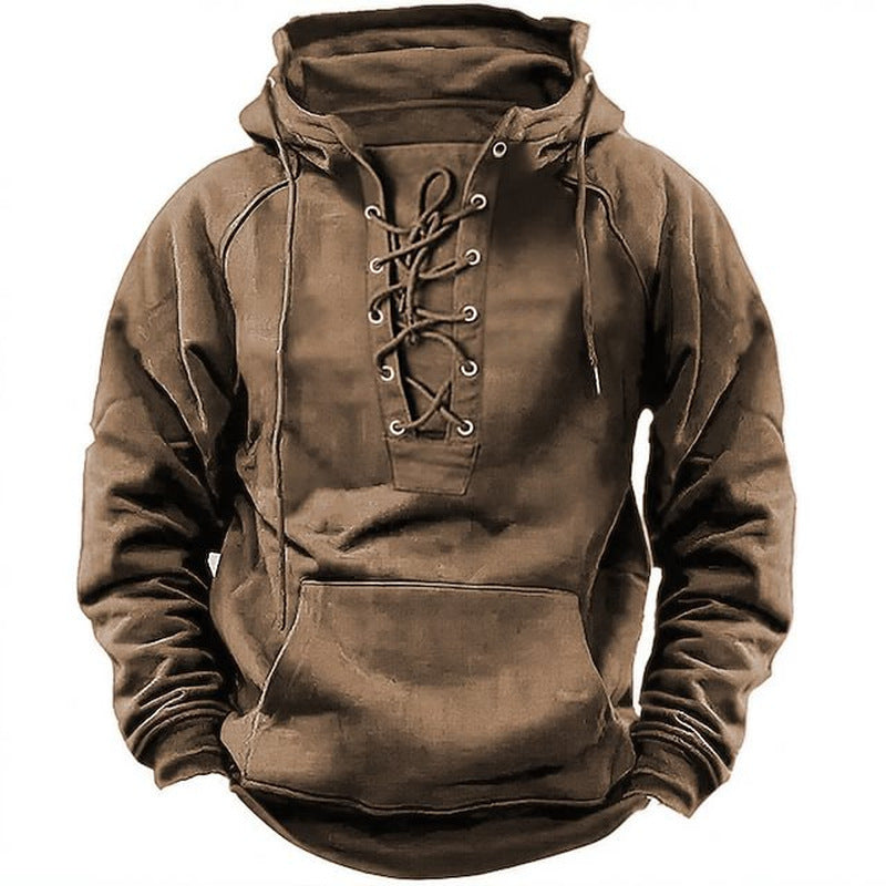 Retro Lace-up Hooded Long-sleeved T-shirt men's clothing