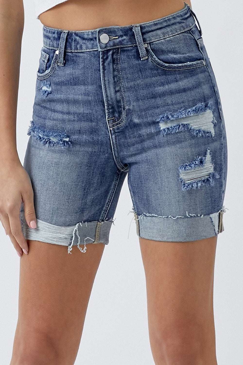 RISEN Full Size Distressed Rolled Denim Shorts Bottom wear