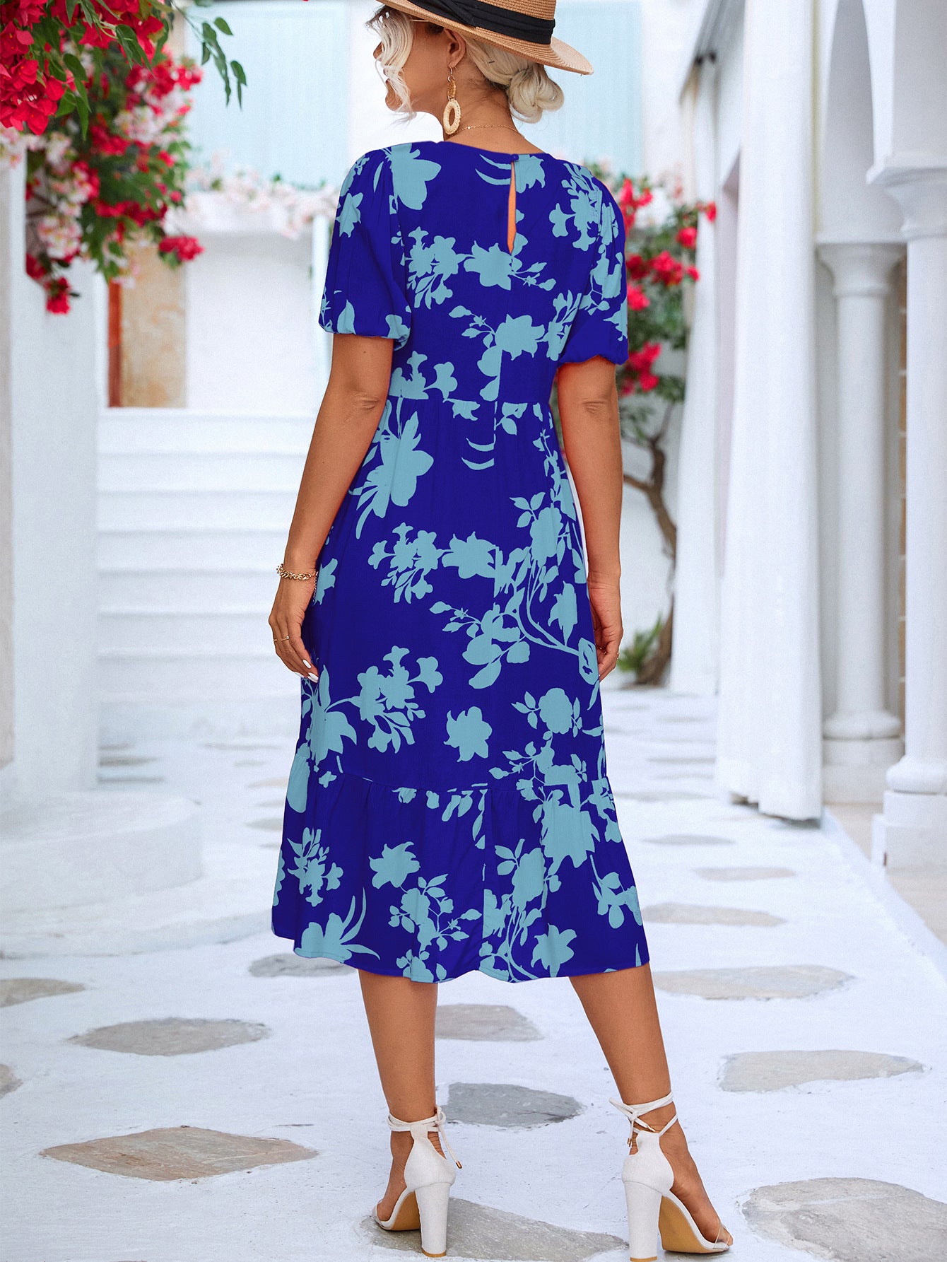 Floral Puff Sleeve Ruffle Hem Midi Dress apparel & accessories