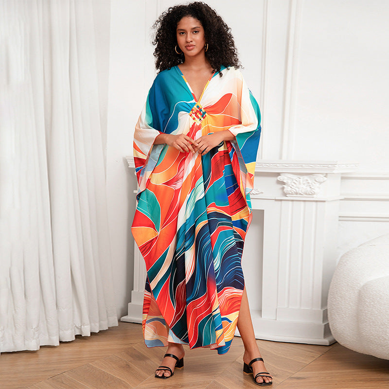 Print Holiday Loose Plus Size Robe Beach Cover-up Dress apparels & accessories