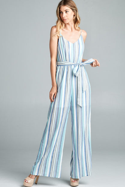 Cotton Bleu by Nu Label Tie Front Striped Sleeveless Jumpsuit Dresses & Tops