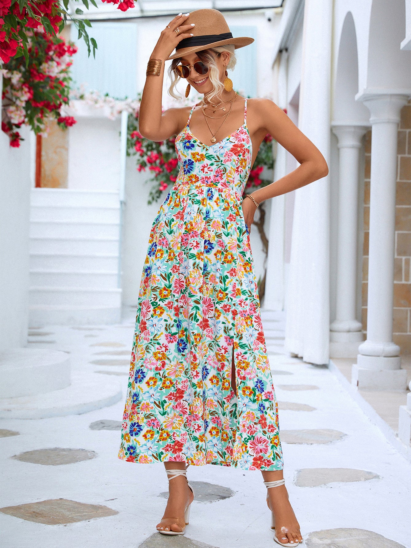 Floral Crisscross Backless Split Dress apparel & accessories