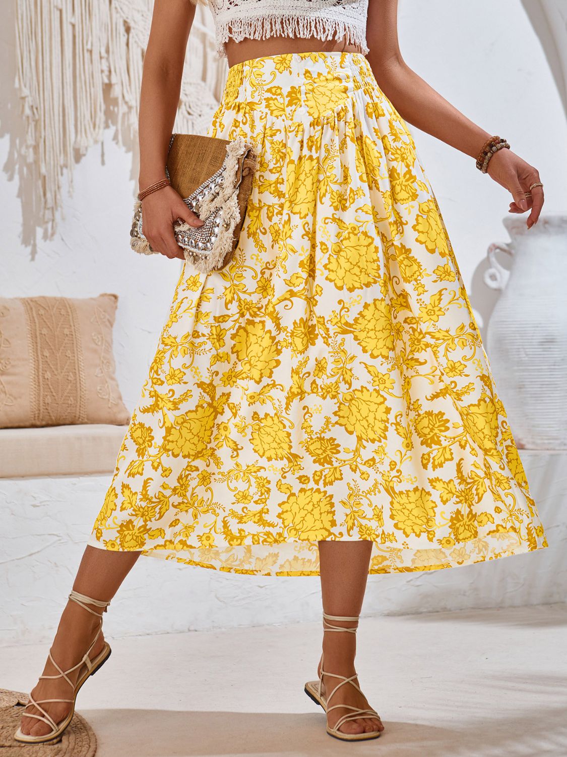 Printed Elastic Waist Midi Skirt Bottom wear