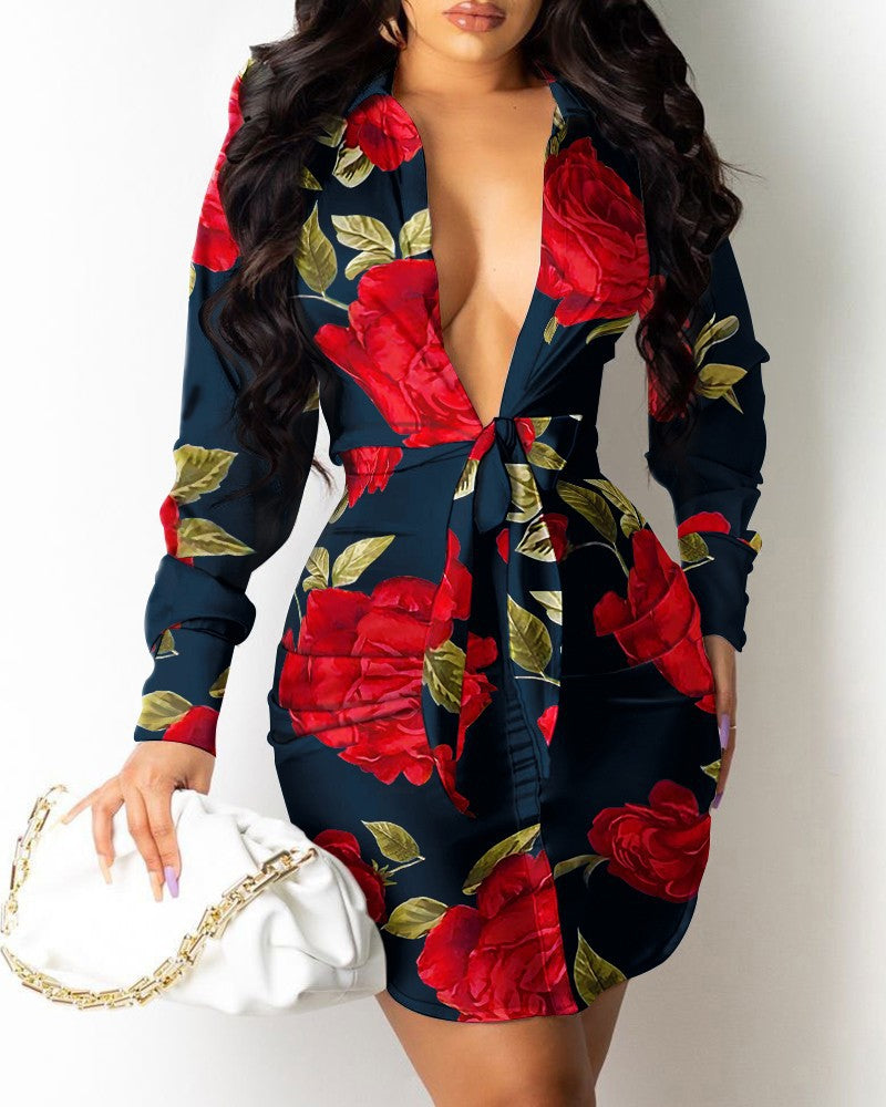 Women's Long Sleeve V Neck Print Tie Shirt Dress apparel & accessories