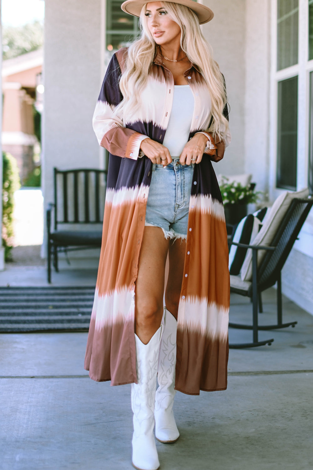 Tie Dye Colorblock Button Down Maxi Kimono apparel & accessories