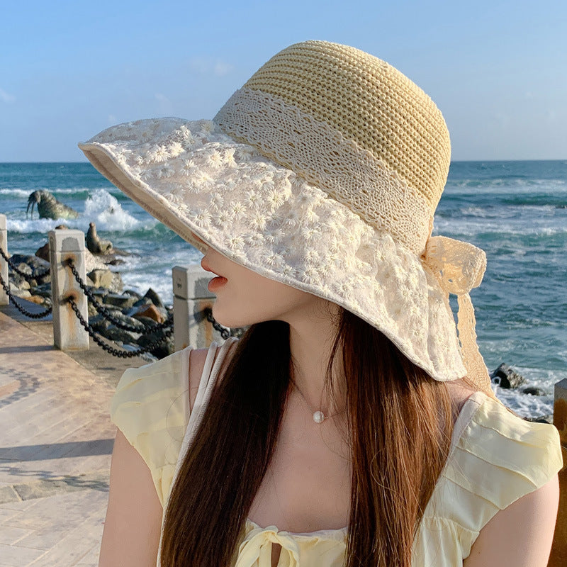 Lace Bow Straw Fisherman Hat Summer Outdoor Sunhat With Large Brim Anti-UV Sunshade And Face Protection Hat apparels & accessories