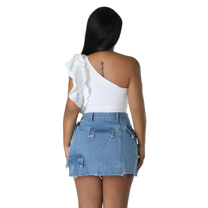 Ripped Pocket Denim Skirt Hip Skirt apparel & accessories