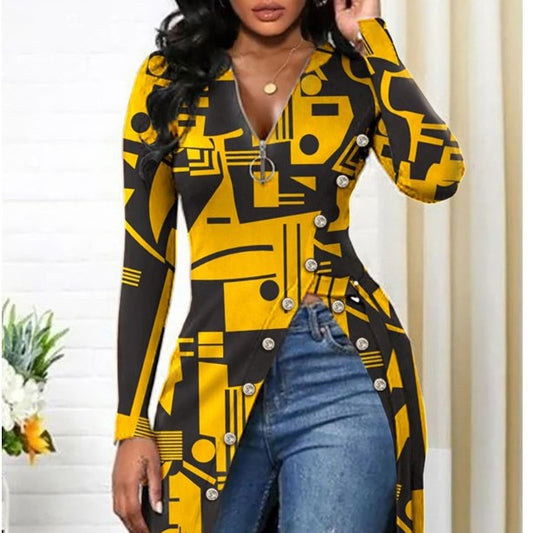 European And American V-neck Long Sleeve High Slit Printed T-shirt apparel & accessories