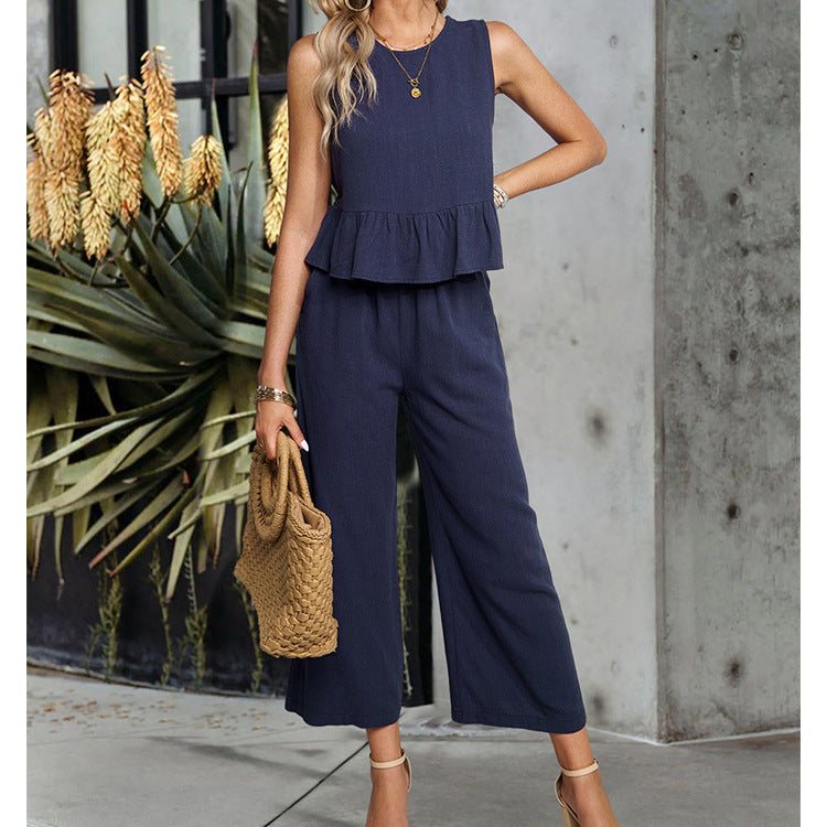 Women's Sleeveless Shirt Wide Leg Cropped Pants Set apparels & accessories