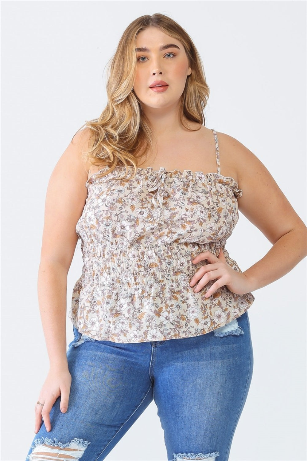 Zenobia Plus Size Frill Floral Square Neck Cami Dresses & Tops