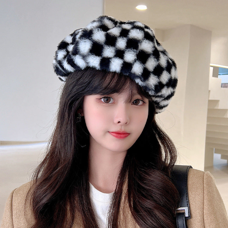 Versatile Warm Checkerboard Plush Beret scarves, Shawls & Hats