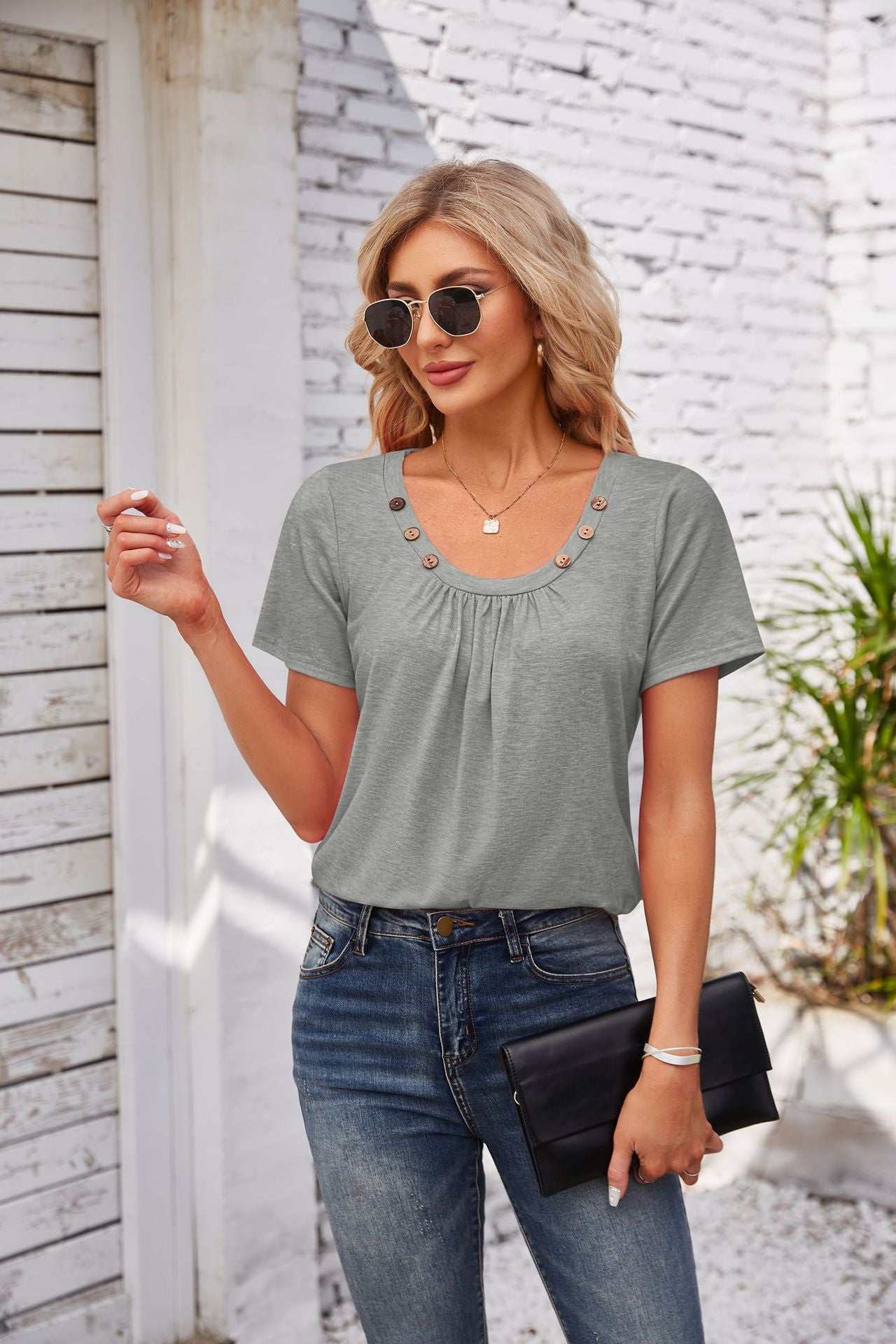 Women's Short-sleeved T-shirt Summer Button Square Collar Pleated Design Solid Color Loose T-shirt Womens Clothing apparel & accessories