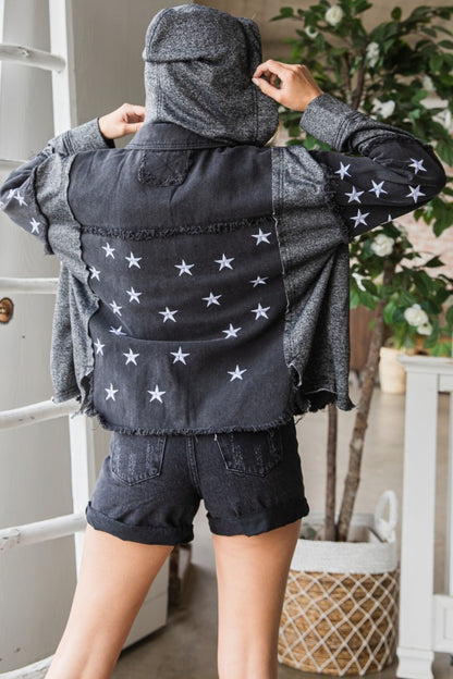 Veveret Star Embroidered Hooded Denim Jacket apparel & accessories