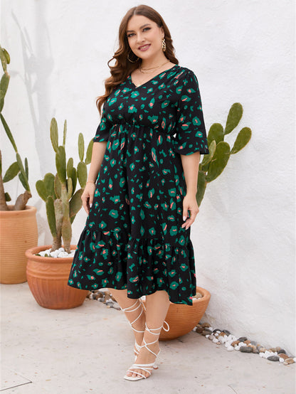 Plus Size Women's Summer V-neck Short Sleeve Ruffle Dress Dresses & Tops