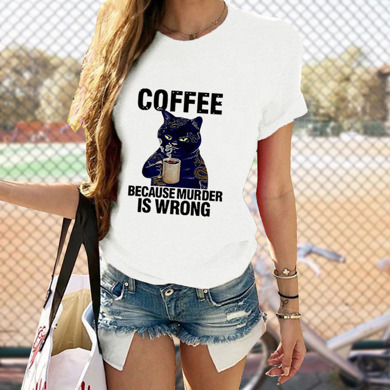 Cat Cute Print T-shirt Round Neck Short Sleeve Top apparel & accessories