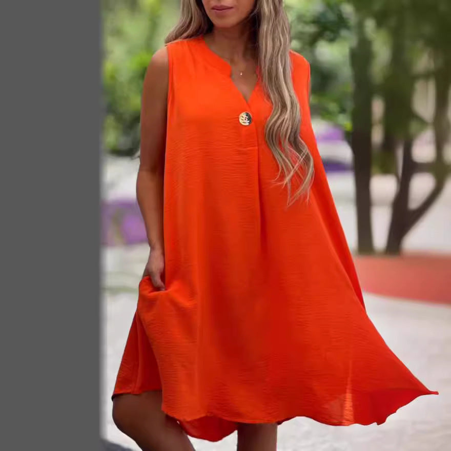 Summer V-neck Sleeveless Dress With Button Decoration Solid Color Casual Loose Straight Dresses Womens Clothing apparel & accessories