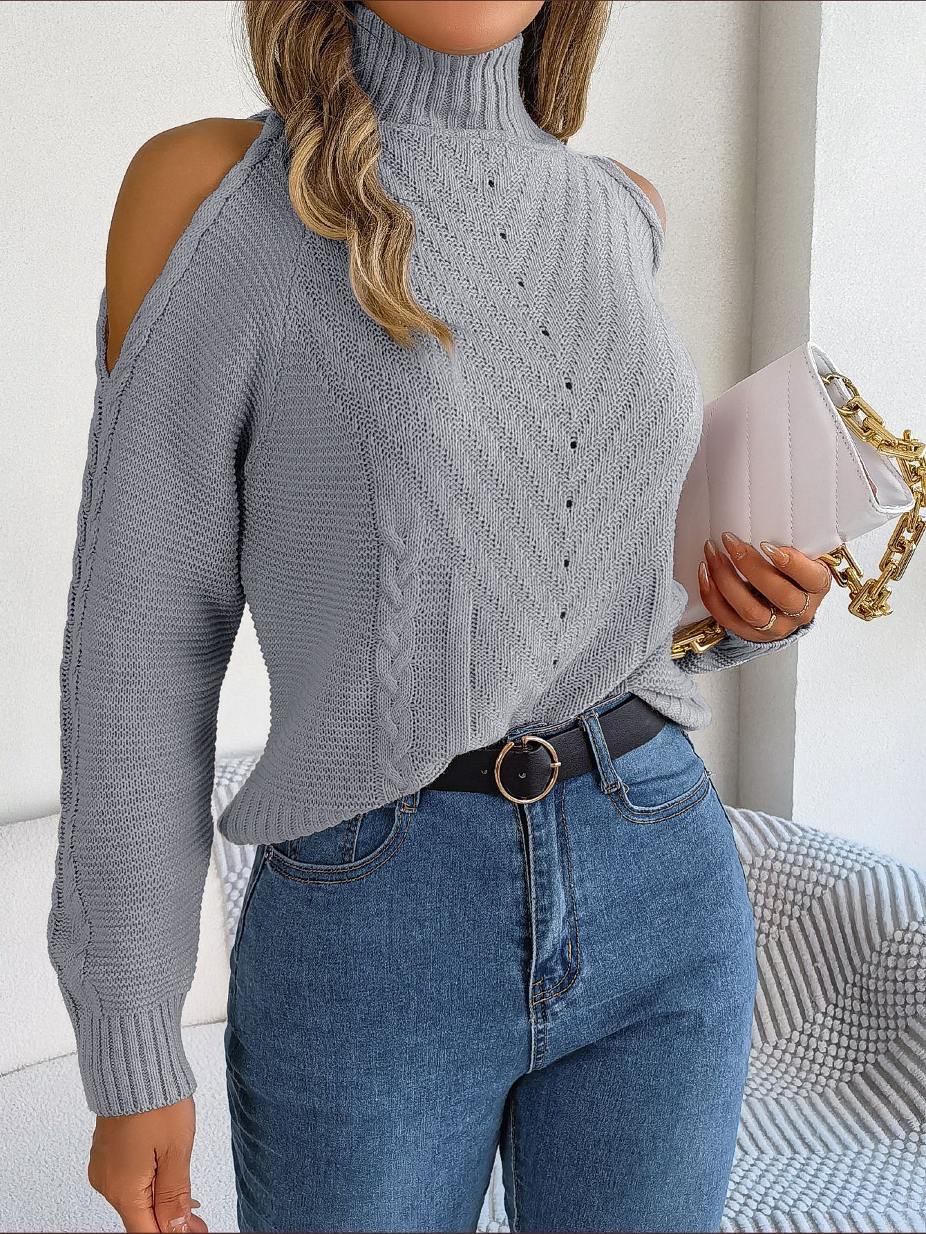 Off-the-shoulder Turtleneck Long Sleeve Knitted Sweater apparels & accessories