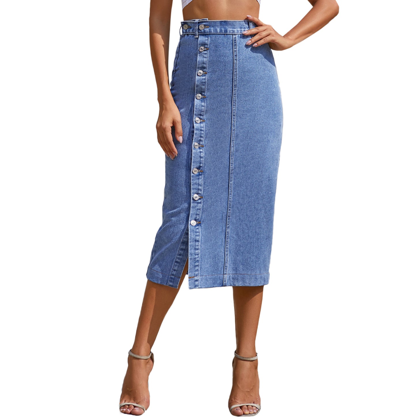 Women's Button Irregular Slit Denim High Waist Skirt apparel & accessories