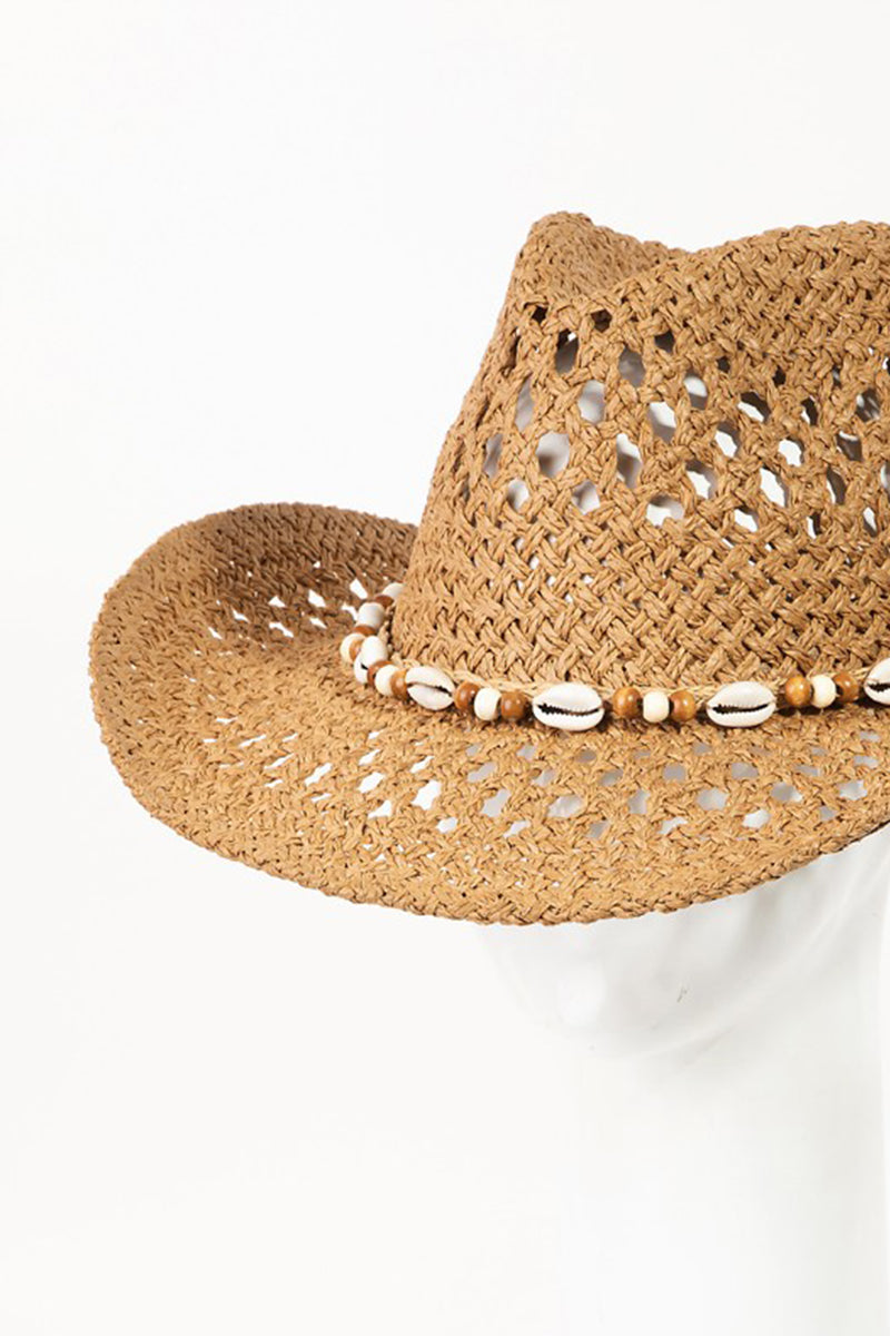 Fame Cowrie Shell Beaded String Straw Hat apparels & accessories