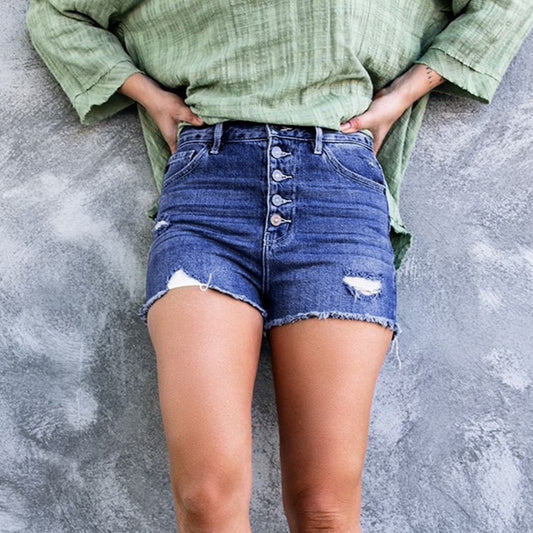 Stylish Breasted Shredded Stretch Jeans Shorts shorts