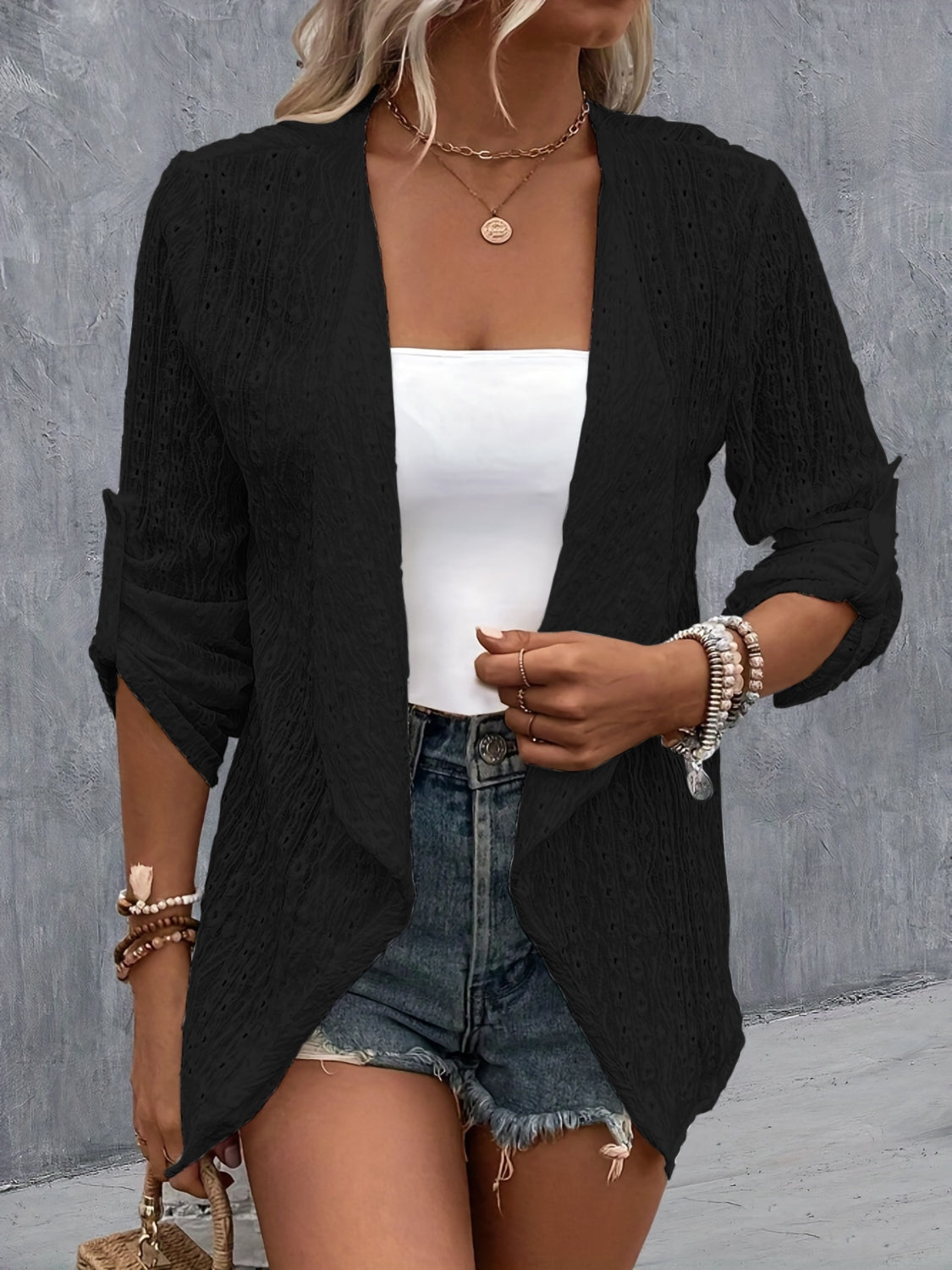 Eyelet Roll-Tab Sleeve Cardigan apparel & accessories