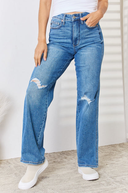 Judy Blue Full Size High Waist Distressed Straight-Leg Jeans apparel & accessories