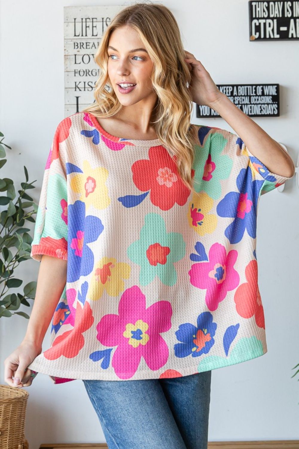 HOPELY Floral Waffle Oversize T-Shirt Dresses & Tops